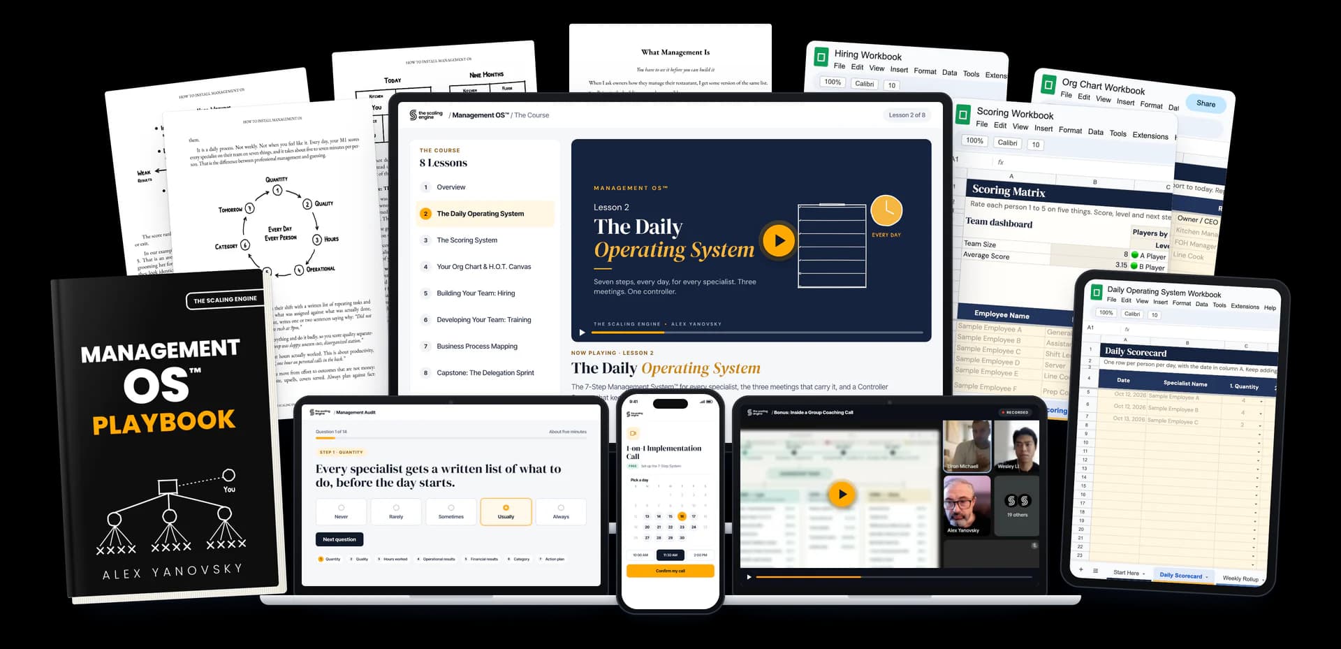 The Management OS bundle: the 8-lesson course on a large screen, the Management OS Playbook with its 7-step page, the 7 workbooks (the Daily Operating System, Scoring, Hiring and Org Chart workbooks shown), the Management Audit, booking the free 1-on-1 Implementation Call, and the bonus group coaching call